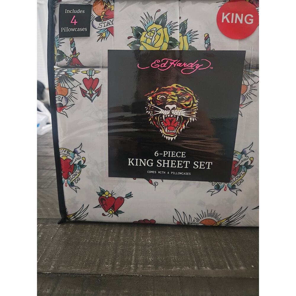 Ed Hardy 6 piece king sheet set white hearts roses love kills slowly eagle NIP